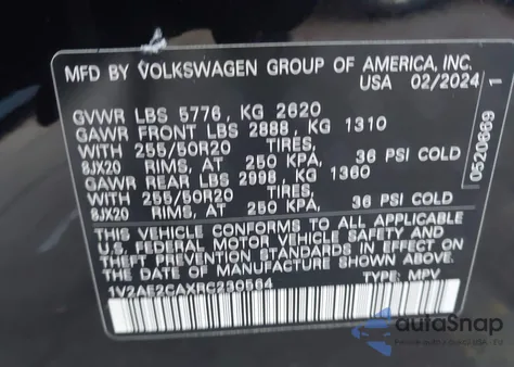 2024 Volkswagen Atlas Cross Sport 2.0T Sel R-Line z USA, uszkodzony, nr VIN 1V2AE2CAXRC230564
